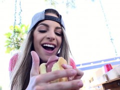 Teen sucks cock in sandwich outdoors