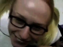 Buck teeth schoolgirl in glasses begs for facial, eats cum.