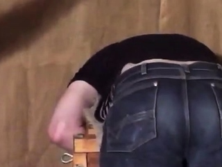 Caned over tight jeans Daddy boy