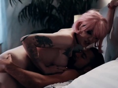 Pink haired shemale lets sad stepbro bareback her wet ass