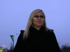 Shy blonde with glasses fucked and gets cumshot in public